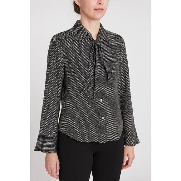 Lauren Ralph Lauren 100% Silk Blouse Black White Geometric Print Belted M - Picture 1 of 8